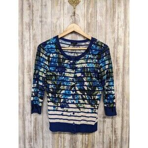 Talbots Blue Floral Cottagecore Cardigan Sweater Preppy 3/4 Sleeve Petite